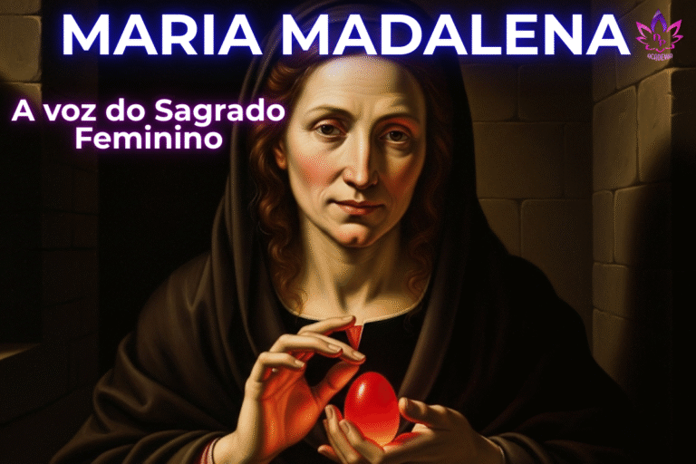 Retrato realista e poderoso de Maria Madalena, segurando um ovo vermelho brilhante, simbolizando sua verdadeira história como apóstola e a personificação do sagrado feminino."