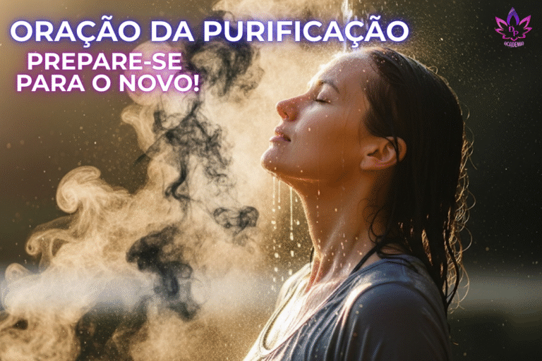 Mulher com os olhos fechados, recebendo jatos de água e vapor que se transformam em fumaça escura, simbolizando a purificação de pensamentos e emoções negativas para renovação espiritual."