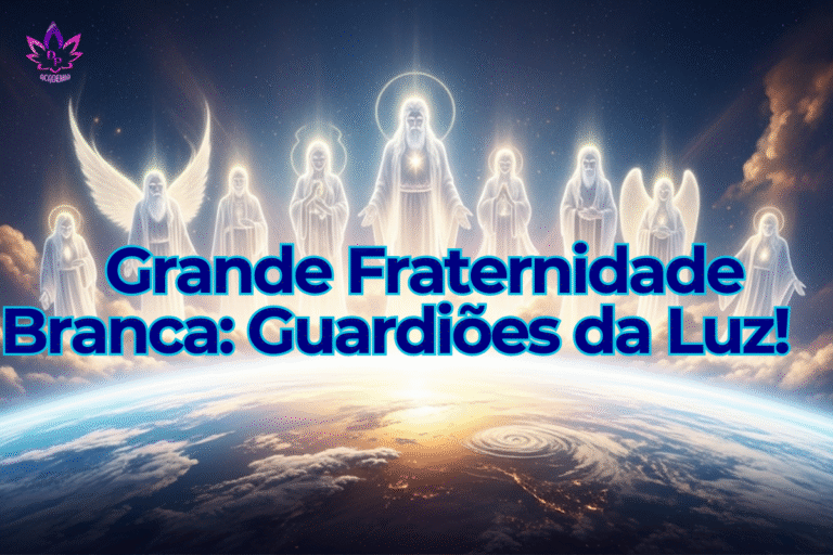 "Representação majestosa da Grande Fraternidade Branca Universal com Anjos, Arcanjos e Mestres Ascensionados, envoltos em luz, sobre o planeta Terra sob um céu estrelado, simbolizando sua proteção e guia."