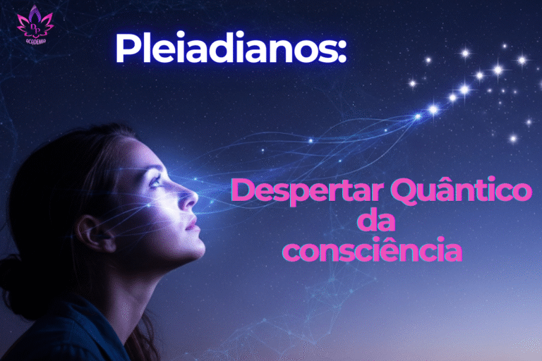 "Mulher meditando ou em contemplação com feixes de luz e padrões quânticos conectando-a às Plêiades no céu noturno, representando a conexão com os Pleiadianos e o despertar da consciência."