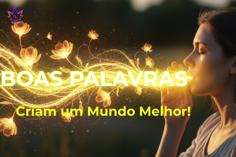 "Mulher soprando palavras de sua boca que se transformam em flores brilhantes e linhas de luz dourada, simbolizando a criação de um mundo feliz através de boas palavras."