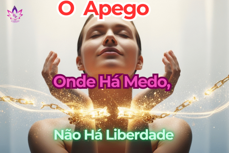 "Mulher com expressão serena e de olhos fechados, enquanto correntes douradas em seus pulsos se dissolvem em partículas de luz, simbolizando a libertação do apego."