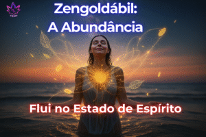 "Mulher com expressão de alegria e olhos fechados, braços abertos em um oceano sob um céu estrelado, enquanto moedas e folhas douradas fluem de seu coração, simbolizando o estado de espírito Zengoldábil e a abundância que flui da conexão universal."