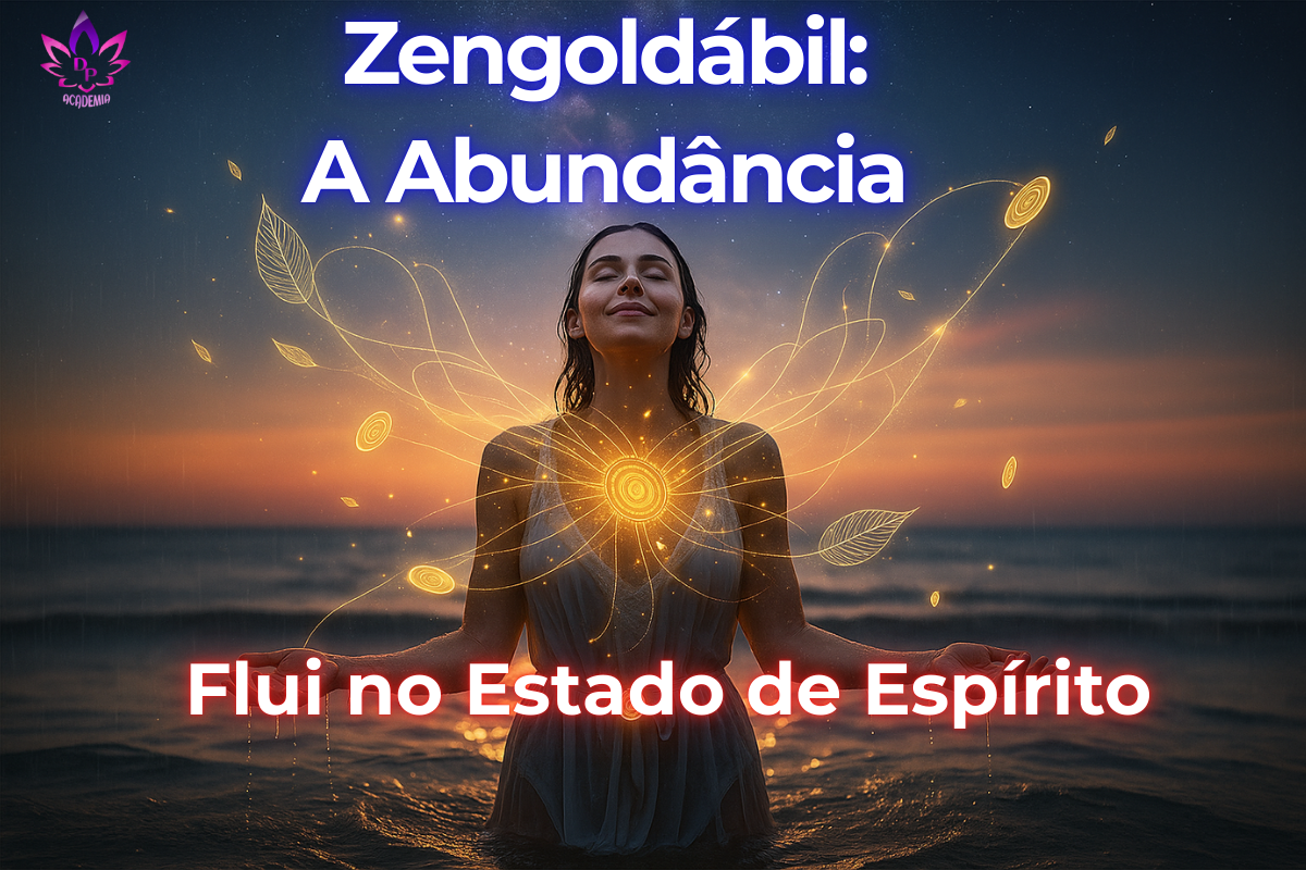 "Mulher com expressão de alegria e olhos fechados, braços abertos em um oceano sob um céu estrelado, enquanto moedas e folhas douradas fluem de seu coração, simbolizando o estado de espírito Zengoldábil e a abundância que flui da conexão universal."