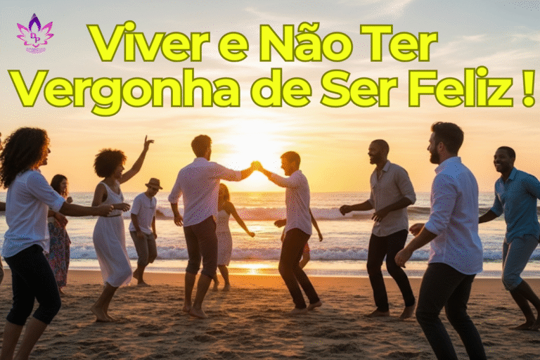 "Grupo de pessoas felizes, rindo e a dançar descalças na praia ao pôr do sol, com o mar ao fundo, transmitindo a pura alegria de viver e a celebração da vida."