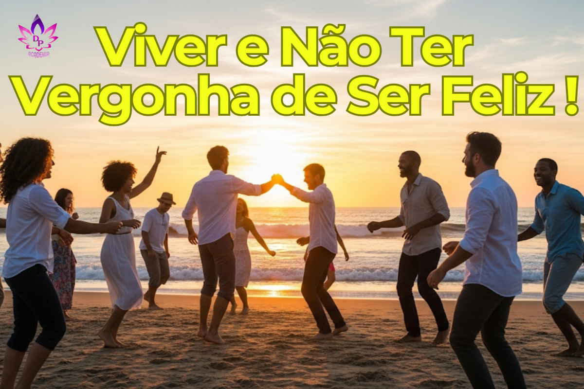 "Grupo de pessoas felizes, rindo e a dançar descalças na praia ao pôr do sol, com o mar ao fundo, transmitindo a pura alegria de viver e a celebração da vida."