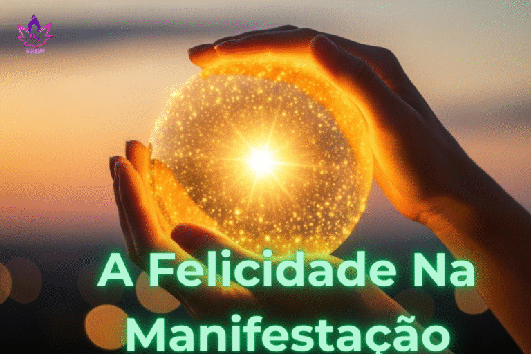 Mãos moldando uma esfera de luz dourada, ilustrando o conceito de Abraham-Hicks sobre a felicidade na manifestação e o poder de criar a realidade com a emoção.