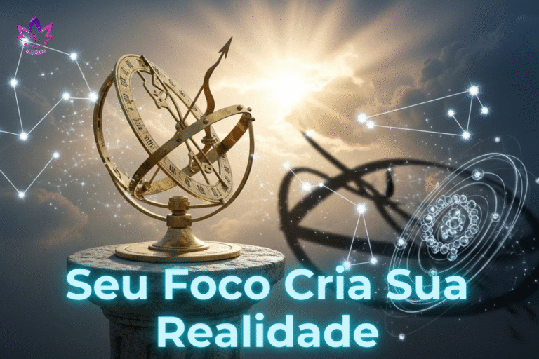 Ilustração do Princípio do Relógio de Sol com uma esfera armilar dourada, conectada a constelações e a um céu onde o sol rompe as nuvens, simbolizando esperança e a união da ciência com a espiritualidade.