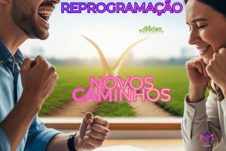 Pessoas empolgadas diante de caminhos divergentes, simbolizando a escolha de reprogramar o subconsciente para novas direções de vida.