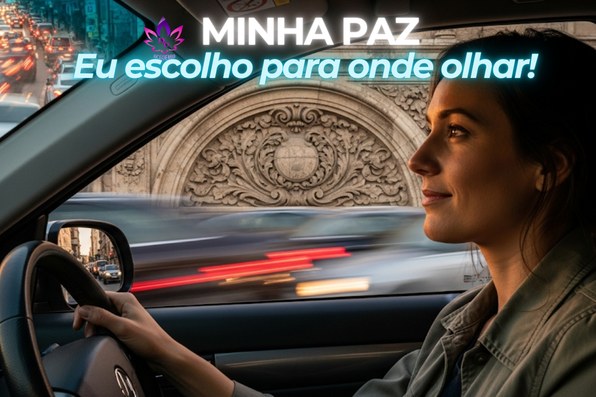 Mulher dentro de um carro no trânsito caótico, com uma expressão serena ao escolher olhar para um detalhe arquitetónico belo, representando o poder da apreciação e do foco consciente."