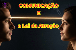 "Pessoa falando e suas palavras se transformando em ondas de energia dourada, simbolizando a Comunicação e Lei da Atração em ação."
