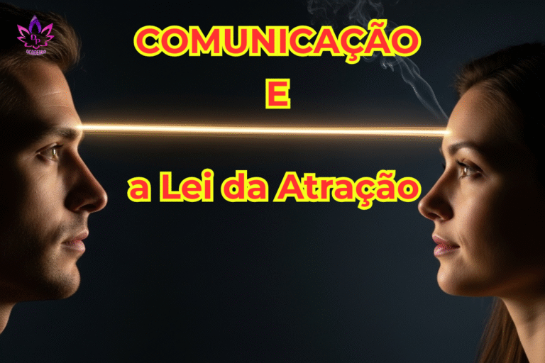 "Pessoa falando e suas palavras se transformando em ondas de energia dourada, simbolizando a Comunicação e Lei da Atração em ação."