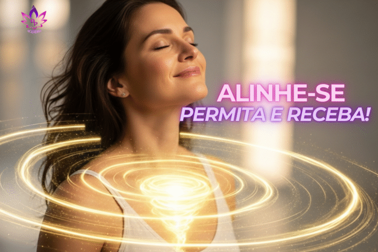 Mulher serena de olhos fechados cercada por energia dourada em espiral, representando o conceito do Vórtice Abraham-Hicks para alinhamento e manifestação."