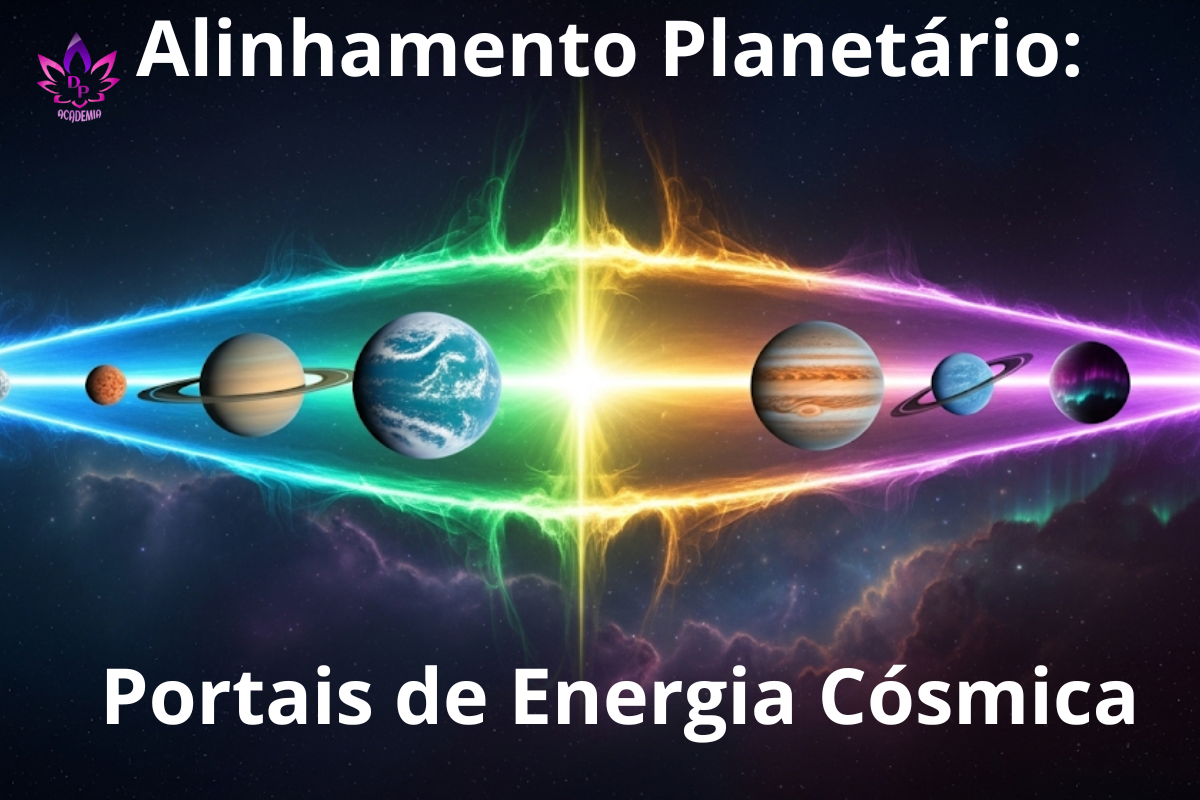 Representação de um alinhamento planetário criando um portal dimensional com um feixe intenso de luz e energia conectando os planetas. Ilustra a ideia de portais como momentos de troca energética e acesso a outras dimensões.