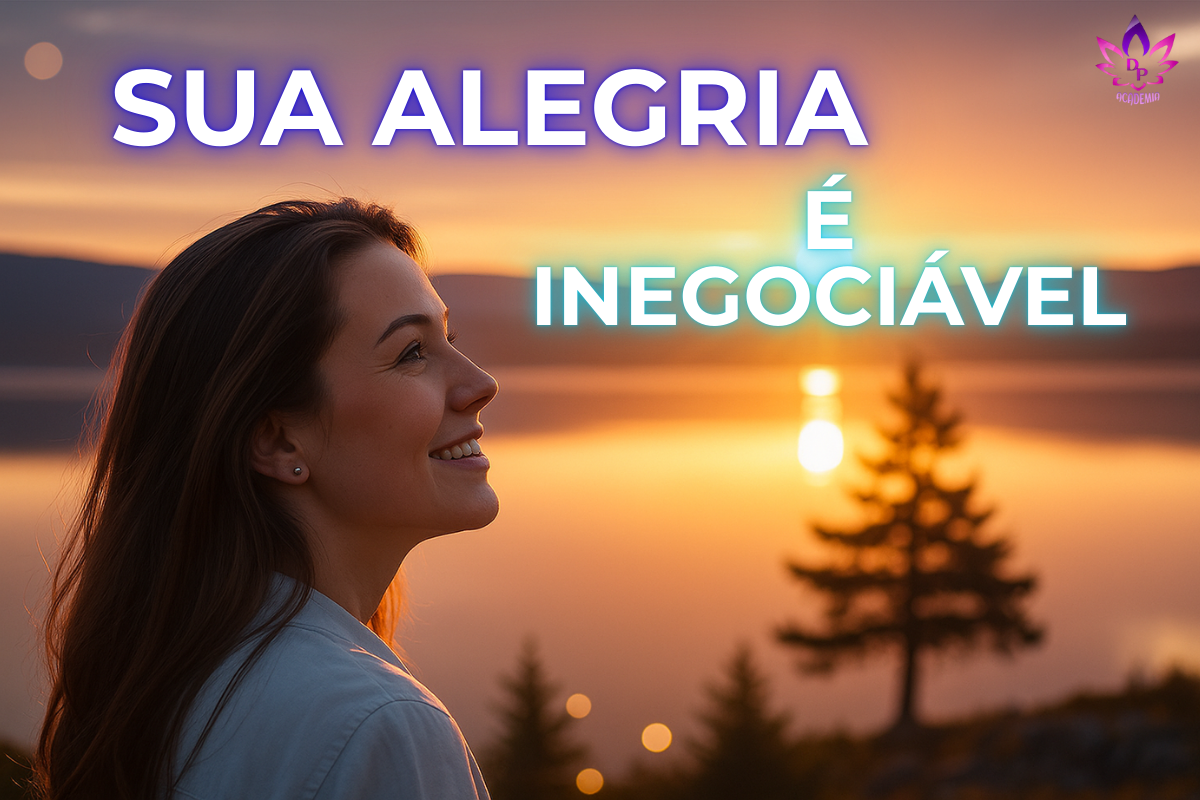 Mulher de perfil sorrindo em paz durante um pôr do sol dourado, ilustrando a citação de Abraham-Hicks sobre a alegria ser inegociável.