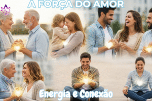 Colagem de pessoas diversas irradiando luz do coração, representando a força do amor em suas várias formas.