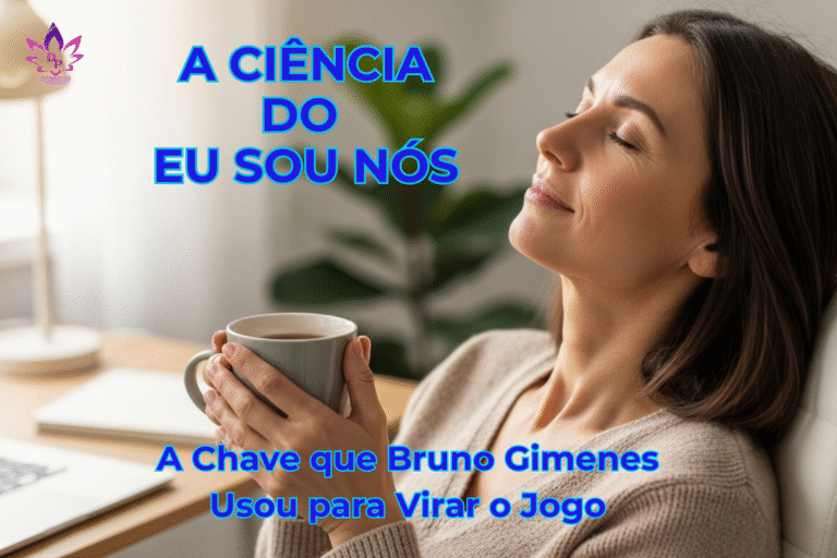 Mulher em paz tomando café, olhos fechados, simbolizando a conexão e bem-estar alcançados pela Oração Eu Sou Nós de Bruno Gimenes e o relaxamento ativado pela neurociência.