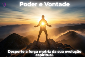 Silhueta humana no topo de uma montanha com luz brilhante no peito, simbolizando o despertar do Poder e Vontade e a conexão com o Eu Superior.