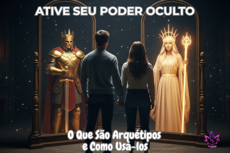 Ilustração conceitual de um casal se olhando no espelho. O reflexo revela seus Arquétipos de poder: o homem como um Rei Guerreiro de armadura dourada e a mulher como uma Alta Sacerdotisa iluminada. Representação da psicologia junguiana e do potencial humano.