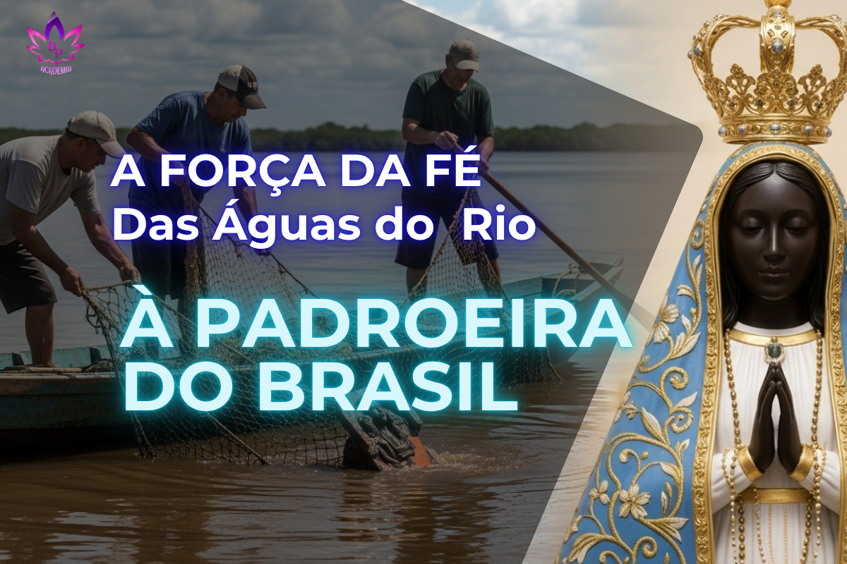 Imagem composta de Nossa Senhora Aparecida, padroeira do Brasil, com sua pele negra em destaque, e ao fundo, a cena histórica dos pescadores encontrando a imagem de terracota no Rio Paraíba do Sul.