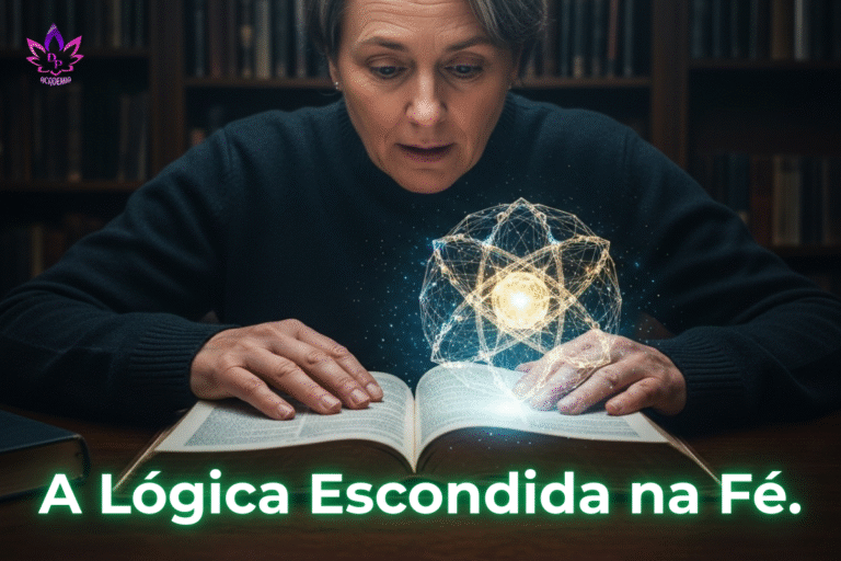 Pessoa descobrindo a conexão entre fé e ciência ao ver uma rede neural brilhando em uma página da Bíblia, ilustrando o conceito de Fé Inteligente.