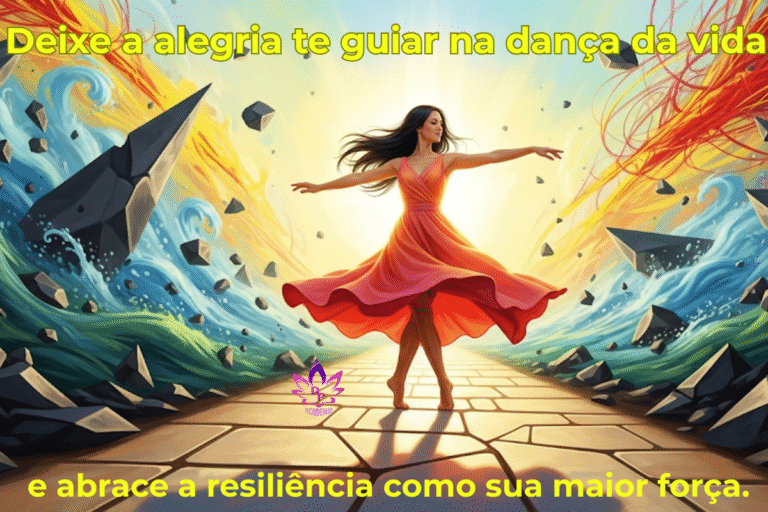 Mulher dançando graciosamente em um caminho de pedra, com elementos de caos e turbulência ao redor, simbolizando felicidade e resiliência em meio aos conflitos.