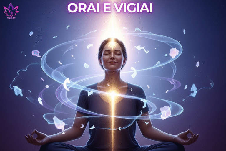 "Mulher em meditação serena, representando o conceito de 'Orai e Vigiai'. Uma luz central simboliza a intenção focada (Orar), enquanto energias ao redor representam os pensamentos sendo observados (Vigiar)."