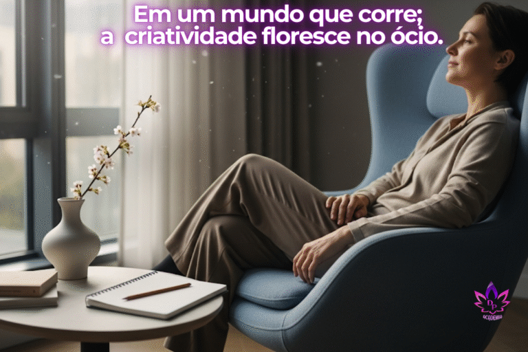 Pessoa em um momento de ócio criativo e reflexão, sentada em uma poltrona com um caderno, simbolizando bem-estar e criatividade.