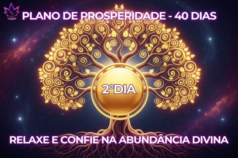 "Imagem do Plano de Prosperidade de 40 Dias, com uma árvore dourada. O texto sobreposto indica '2° Dia' e o tema 'Despertando a Riqueza Interior'."