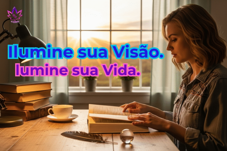 Mulher lendo um livro com uma lâmpada ao lado, representando o estudo de Mateus 6:22 para iluminar a visão e a mente.