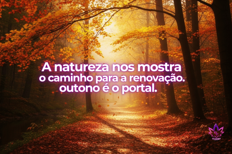 Caminho dourado iluminado pela luz do sol em uma floresta de outono, simbolizando a jornada de renovação espiritual. Equinócio de Outono