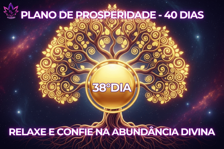 "Imagem do Plano de Prosperidade de 40 Dias, com uma árvore dourada. O texto sobreposto indica 'Dia 38' e o tema 'O Espírito Restaura e Te Eleva à Abundância'."