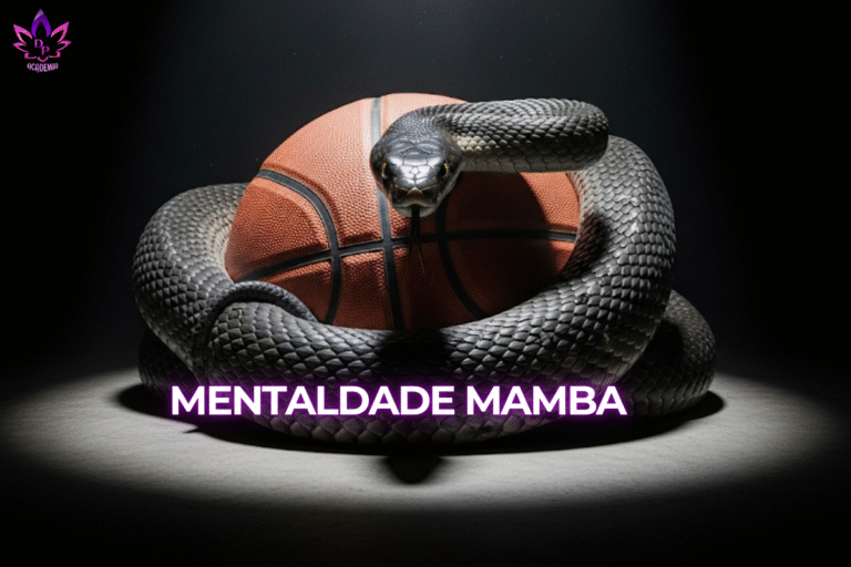Imagem de uma mamba-negra enrolada em uma bola de basquete, simbolizando a Mentalidade Mamba de Kobe Bryant e a busca implacável pela excelência como atitude."