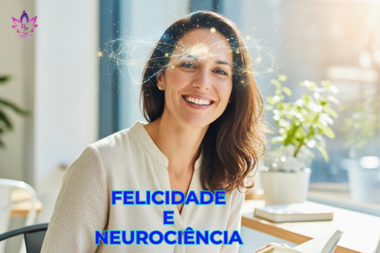 Mulher sorrindo em ambiente claro, ilustrando a conexão entre felicidade e neurociência com luzes abstratas ao redor da cabeça.