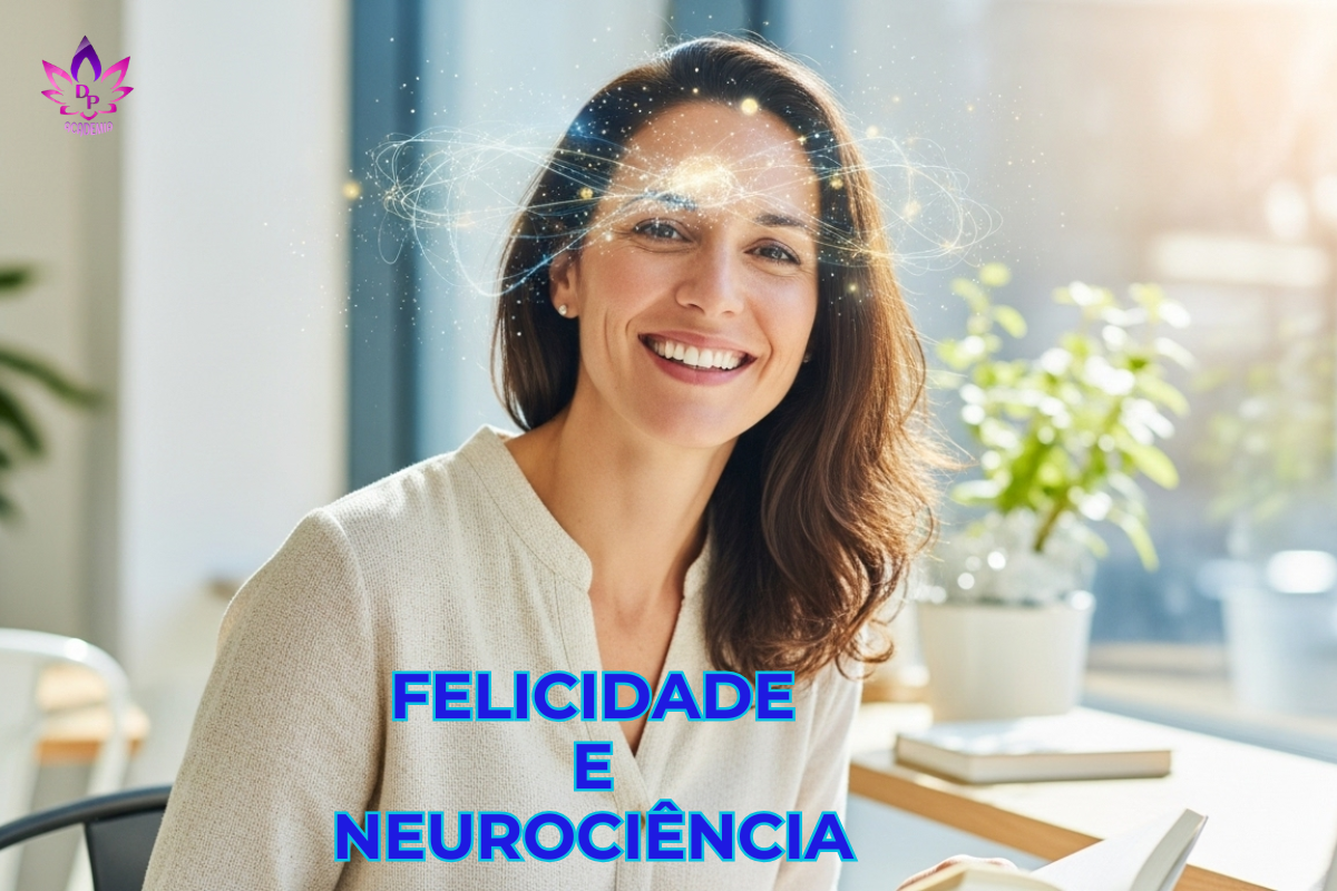 Mulher sorrindo em ambiente claro, ilustrando a conexão entre felicidade e neurociência com luzes abstratas ao redor da cabeça.