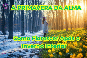 Renascimento Interior Mulher em pé na divisa entre o inverno e a primavera, olhando com esperança para o lado com flores amarelas, simbolizando a primavera da alma e o florescer interior.