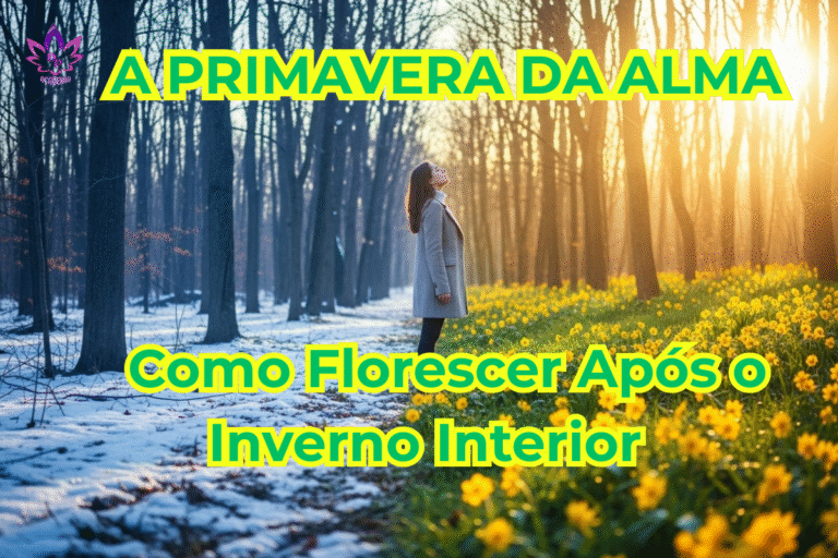 Mulher em pé na divisa entre o inverno e a primavera, olhando com esperança para o lado com flores amarelas, simbolizando a primavera da alma e o florescer interior.