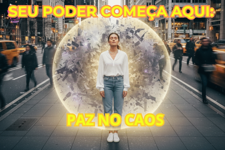 Mulher serena de olhos fechados dentro de uma bolha de calma no meio de uma cidade caótica, simbolizando o controle mental sobre pensamentos intrusivos e a importância da paz interior no Setembro Amarelo.