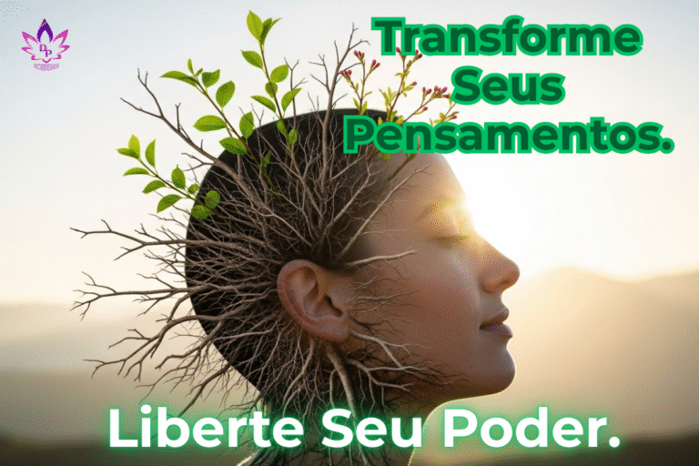 Pessoa transformando pensamentos negativos, representados por galhos secos, em galhos com flores, simbolizando a resiliência emocional.