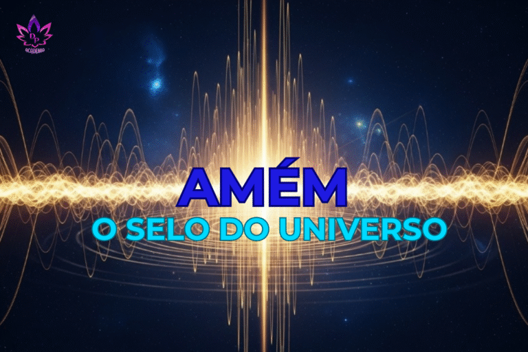 Ilustração mostrando o poder da palavra Amém, com ondas de energia dourada emanando da palavra em um fundo cósmico. Título: O Poder da Palavra Amém na Física Quântica