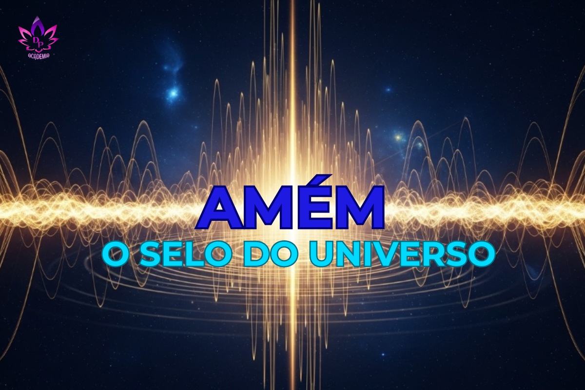 Ilustração mostrando o poder da palavra Amém, com ondas de energia dourada emanando da palavra em um fundo cósmico. Título: O Poder da Palavra Amém na Física Quântica