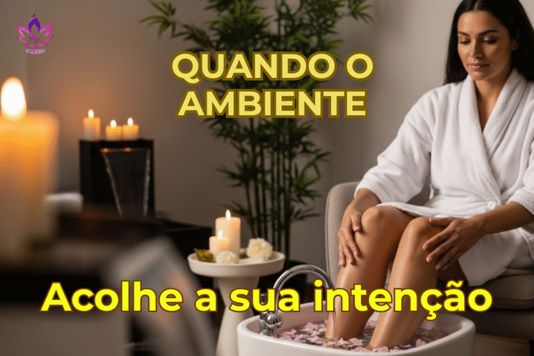 Mulher em um roupão branco relaxando em uma poltrona, com os pés em um spa de pés com pétalas, demonstrando a importância do autocuidado e bem-estar em um ambiente calmo com velas.