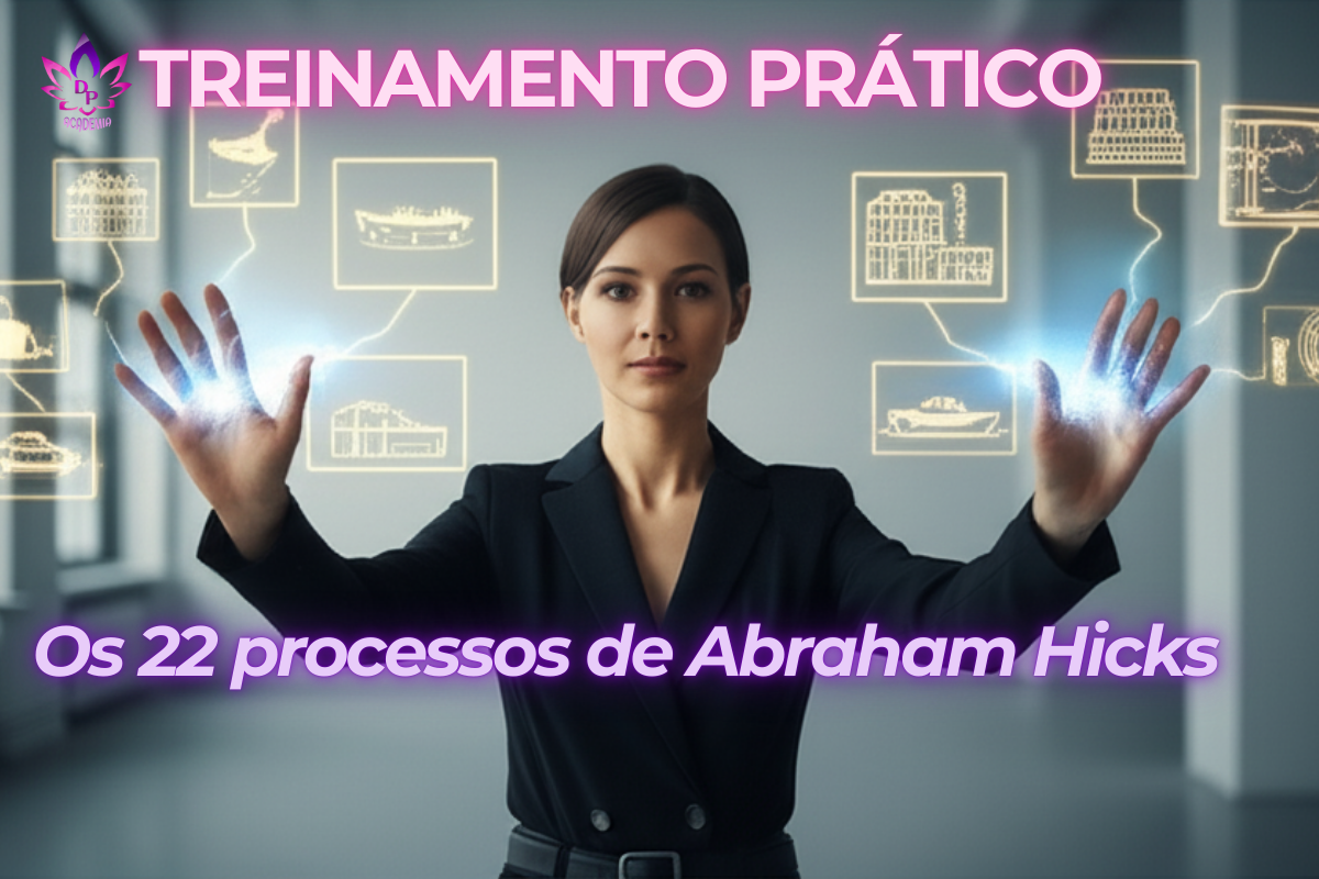 Mulher de blazer manifestando desejos em telas holográficas - Imagem de introdução ao Treinamento Prático dos 22 Processos Abraham Hicks.