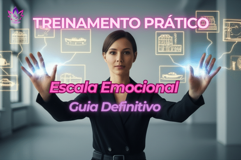 Imagem da Escala Emocional de Abraham-Hicks, o guia definitivo para entender e elevar sua vibração. Mulher manifestando com projeções holográficas.