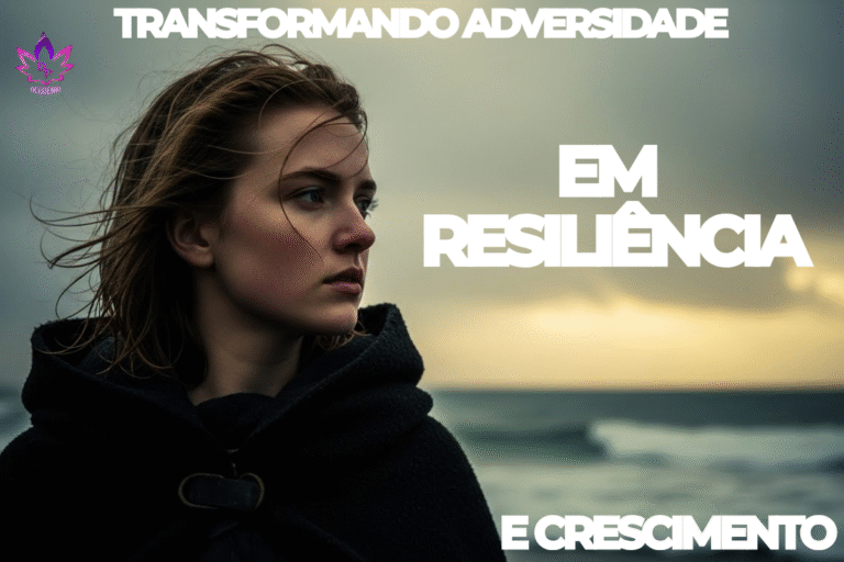 Resiliência: Mulher determinada em paisagem nebulosa transformando adversidade em crescimento (Neurociência da Resiliência)