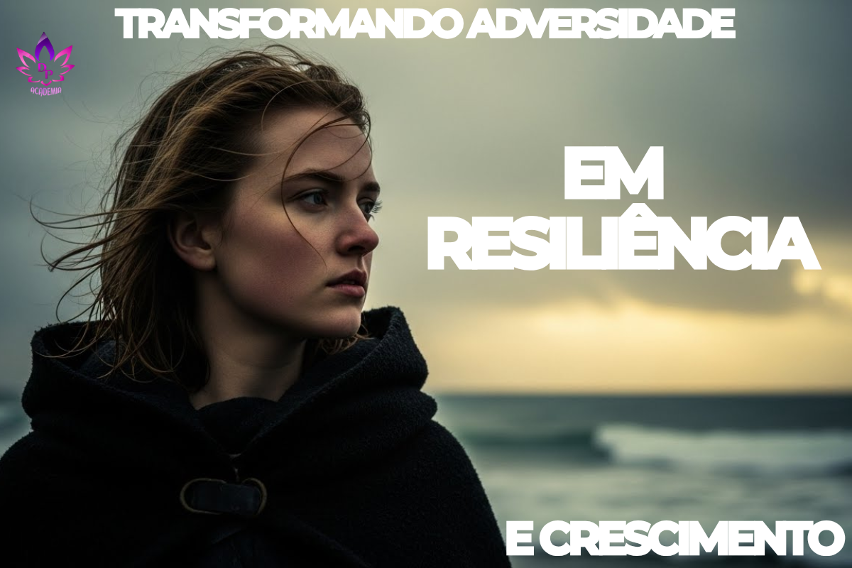 Resiliência: Mulher determinada em paisagem nebulosa transformando adversidade em crescimento (Neurociência da Resiliência)