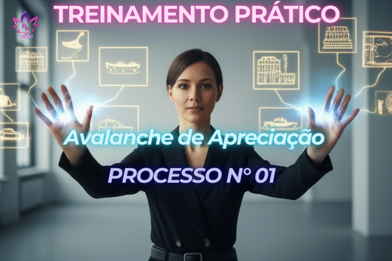 Ilustração da técnica **Avalanche de Apreciação** (Processo 01 de Abraham Hicks). Mulher manifestando alegria, representando o poder da gratidão.