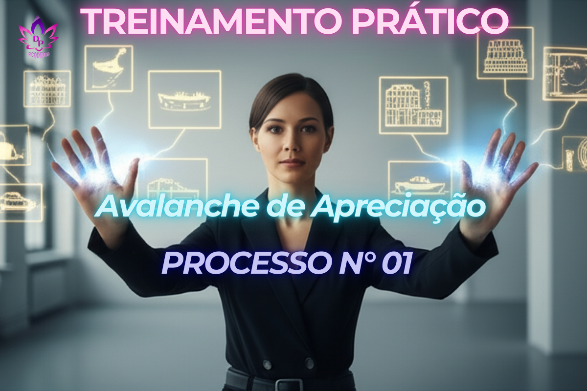 Ilustração da técnica **Avalanche de Apreciação** (Processo 01 de Abraham Hicks). Mulher manifestando alegria, representando o poder da gratidão.