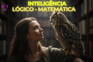 Mulher com coruja no ombro em uma biblioteca, simbolizando a sabedoria, a estrutura e o foco da Inteligência Lógico-Matemática.