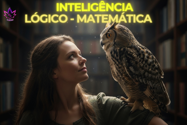 Mulher com coruja no ombro em uma biblioteca, simbolizando a sabedoria, a estrutura e o foco da Inteligência Lógico-Matemática.